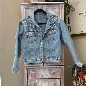 Light Blue Denim Jacket with Pearl Stud Accents
